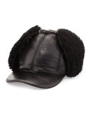 Leather and Shearling Trapper Baseball Cap, Black
