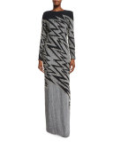 Zigzag-Beaded Long-Sleeve Gown, Black/Silver