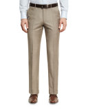 Sharkskin Wool Flat-Front Trousers, Tan