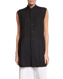 Sleeveless Button-Front Long Top, Black