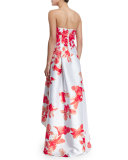 Strapless Floral-Print High-Low Midi Dress