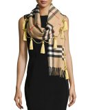 Cashmere Giant Check Tassel Scarf, Camel