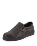 Woven Leather Slip-On Sneaker, Black