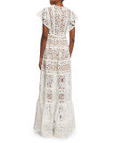 Butterfly-Sleeve Tiered-Lace Gown, Gardenia