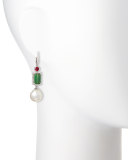 18K White Gold Ruby, Green Tourmaline & Pearl Earrings