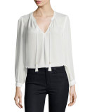Calla Long-Sleeve Tassel-Tie Top, Porcelain 