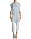 Cap-Sleeve Button-Front Shibori Tunic, Mulberry