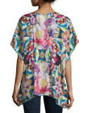 Short-Sleeve Floral-Print Silk Poncho 