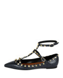 Pebbled Leather Rockstud Cage Ballerina Flat, Deep Denim