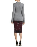 Long Crochet-Trim Wool Cardigan, Chrome