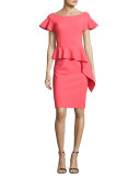 Short-Sleeve Asymmetric Peplum Cocktail Dress, Pink
