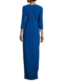 3/4-Sleeve Ruched Column Gown, Royal