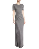 Laila Short-Sleeve Ruched Maxi Dress, Heather Gray