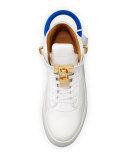 Men's 100mm Leather Mid-Top Sneaker, White Neon/Blue