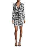 Long-Sleeve Ruched-Front Sheath Dress, Black/White
