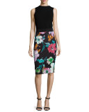 Paper Floral-Print Midi Skirt, Black