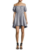 Gingham Off-the-Shoulder Bardot Dress, Navy/White
