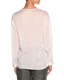Sheer V-Neck Button-Front Blouse, White