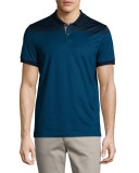 Mercerized Cotton English-Stripe Short-Sleeve Polo Shirt, Midnight