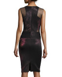 Sleeveless Metallic Mesh-Trim Sheath Dress, Wine