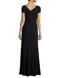 Short-Sleeve Floral Embellished Gown, Black/Pink