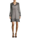 Tally Long-Sleeve Lace-Trimmed Printed Dress, Multi