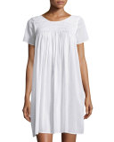 Short-Sleeve Embroidered Cotton Gown, White