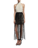 Lace Mini Skirt w/ Silk Fringe, Black