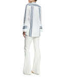 Bell-Sleeve Poplin Striped-Trim Blouse, Soft White