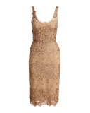 Sleeveless Metallic Floral Sheath Dress, Beige