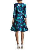 Floral 3/4-Sleeve Split-Neck Dress, Navy