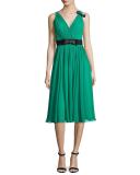 sleeveless shirred silk chiffon midi dress, emerald ring