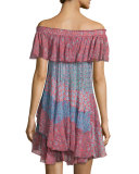 Off-the-Shoulder Patchwork Mini Dress, Tangerine/Mermaid