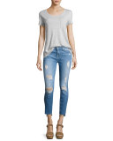 Distressed Ankle Skinny Jeans with Step Hem, Indigo