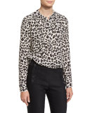 Harmony Silk Animal-Print Pintucked Blouse, White/Brown