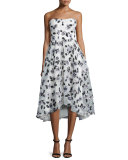Strapless Stamped-Floral Dress, Ivory/Black
