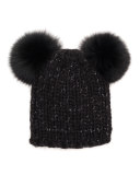 Mimi Knit Beanie Hat w/Fur Pom-Poms, Black