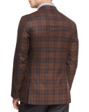 Plaid Super 140s Two-Button Sport Coat, Camel/Navy