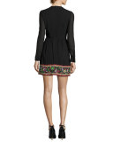 Long-Sleeve Stretch-Silk Dress w/ Garden Embroidery, Black