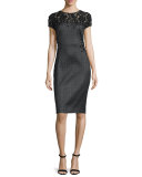 Short-Sleeve Lace-Inset Sheath Dress, Black