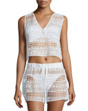 Crocheted Drawstring Coverup Shorts, White