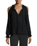 Gina Long-Sleeve Ruffled Tie-Neck Silk Blouse, Black