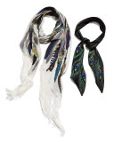 Feathers Classic Skinny Fringe Silk Scarf, Ivory