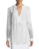 Ruffled-Collar Lace-Sleeve Blouse, Chalk