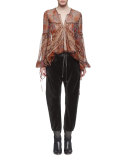Button-Front Foulard-Print Blouse, Multi Colors