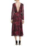 Aby Floral-Print Silk V-Back Midi Dress, Black/Red