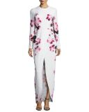 Floral Long-Sleeve Front-Slit Gown, Multi