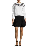 Lace-Inset Flared Skirt, Black