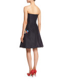 Strapless Threadwork-Embroidered Cocktail Dress, Dark Navy/Multi
