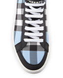 Lockhart Check & Leather High-Top Sneaker, Light Blue